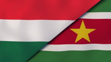 Macaristan ve Surinam 'ın iki bayrağı. Kaliteli bir iş geçmişi. 3d illüstrasyon