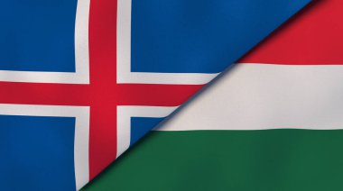 İki İzlanda ve Macaristan bayrağı. Kaliteli bir iş geçmişi. 3d illüstrasyon