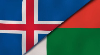 İki İzlanda ve Madagaskar bayrağı. Kaliteli bir iş geçmişi. 3d illüstrasyon