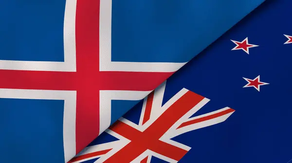 冰岛和新西兰两国国旗 高质量的商业背景 3D说明 — 图库照片