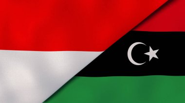 İki Endonezya ve Libya bayrağı. Kaliteli bir iş geçmişi. 3d illüstrasyon