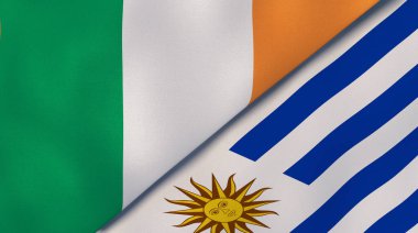 İrlanda ve Uruguay 'ın iki bayrağı. Kaliteli bir iş geçmişi. 3d illüstrasyon