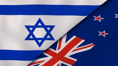 İsrail ve Yeni Zelanda 'nın iki bayrağı. Kaliteli bir iş geçmişi. 3d illüstrasyon