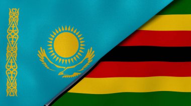 Kazakistan ve Zimbabwe 'nin iki bayrağı. Kaliteli bir iş geçmişi. 3d illüstrasyon