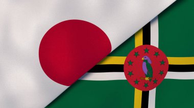 Japonya ve Dominica 'nın iki bayrağı. Kaliteli bir iş geçmişi. 3d illüstrasyon