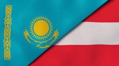 Kazakistan ve Avusturya 'nın iki bayrağı. Kaliteli bir iş geçmişi. 3d illüstrasyon