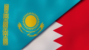 Kazakistan ve Bahreyn 'in iki bayrağı. Kaliteli bir iş geçmişi. 3d illüstrasyon