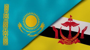 Kazakistan ve Brunei 'nin iki bayrağı. Kaliteli bir iş geçmişi. 3d illüstrasyon