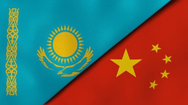 Kazakistan ve Çin 'in iki bayrağı. Kaliteli bir iş geçmişi. 3d illüstrasyon