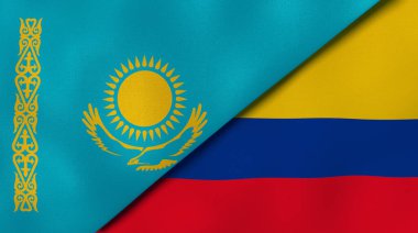 Kazakistan ve Kolombiya 'nın iki bayrağı. Kaliteli bir iş geçmişi. 3d illüstrasyon