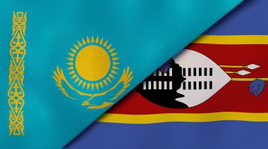 Kazakistan ve Eswatini 'nin iki bayrağı. Kaliteli bir iş geçmişi. 3d illüstrasyon