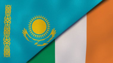 Kazakistan ve İrlanda 'nın iki bayrağı. Kaliteli bir iş geçmişi. 3d illüstrasyon