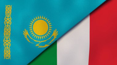 Kazakistan ve İtalya 'nın iki bayrağı. Kaliteli bir iş geçmişi. 3d illüstrasyon