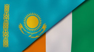 Kazakistan ve Fildişi Sahili 'nin iki bayrağı. Kaliteli bir iş geçmişi. 3d illüstrasyon