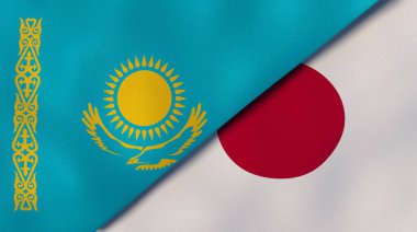 Kazakistan ve Japonya 'nın iki bayrağı. Kaliteli bir iş geçmişi. 3d illüstrasyon