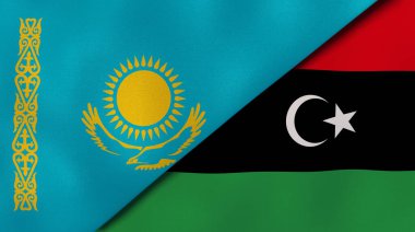 Kazakistan ve Libya 'nın iki bayrağı. Kaliteli bir iş geçmişi. 3d illüstrasyon