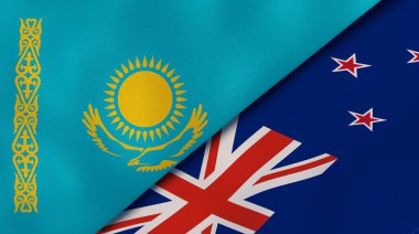 Kazakistan ve Yeni Zelanda 'nın iki bayrağı. Kaliteli bir iş geçmişi. 3d illüstrasyon