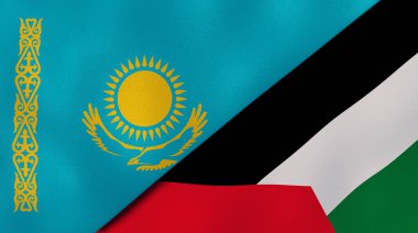 Kazakistan ve Filistin 'in iki bayrağı. Kaliteli bir iş geçmişi. 3d illüstrasyon