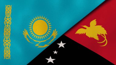 Kazakistan ve Papua Yeni Gine 'nin iki bayrağı. Kaliteli bir iş geçmişi. 3d illüstrasyon