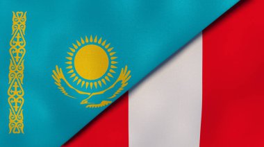 Kazakistan ve Peru 'nun iki bayrağı. Kaliteli bir iş geçmişi. 3d illüstrasyon