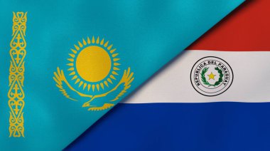 Kazakistan ve Paraguay 'ın iki bayrağı. Kaliteli bir iş geçmişi. 3d illüstrasyon