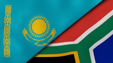 Kazakistan ve Güney Afrika 'nın iki bayrağı. Kaliteli bir iş geçmişi. 3d illüstrasyon