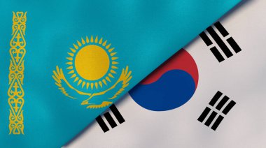Kazakistan ve Güney Kore 'nin iki bayrağı. Kaliteli bir iş geçmişi. 3d illüstrasyon