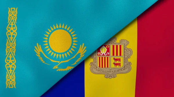 Two states flags of Kazakhstan and Andorra. High quality business background. 3d illustration