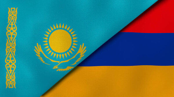 Two states flags of Kazakhstan and Armenia. High quality business background. 3d illustration