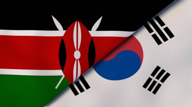 Kenya ve Güney Kore 'nin iki bayrağı. Kaliteli bir iş geçmişi. 3d illüstrasyon