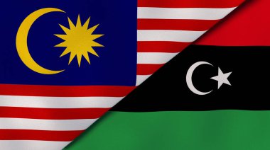 Malezya ve Libya 'nın iki bayrağı. Kaliteli bir iş geçmişi. 3d illüstrasyon