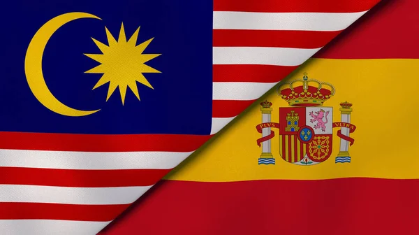 Two states flags of Malaysia and Spain. High quality business background. 3d illustration