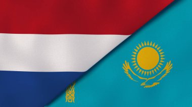 Hollanda ve Kazakistan 'ın iki bayrağı. Kaliteli bir iş geçmişi. 3d illüstrasyon