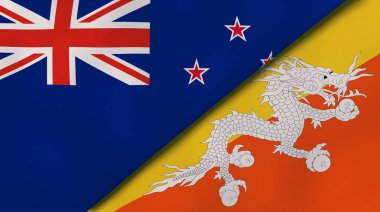 Yeni Zelanda ve Butan 'ın iki bayrağı. Kaliteli bir iş geçmişi. 3d illüstrasyon