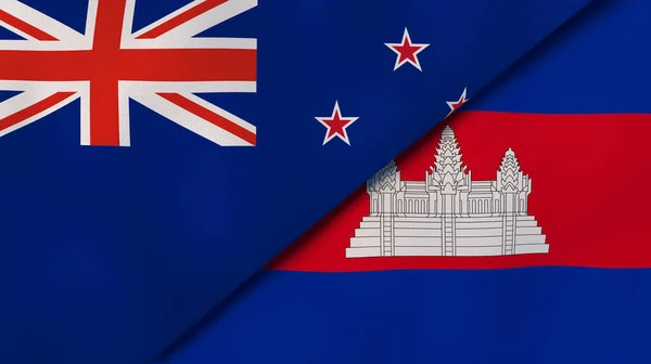 新西兰和柬埔寨的两个国家的国旗 高质量的商业背景 3D说明 — 图库照片