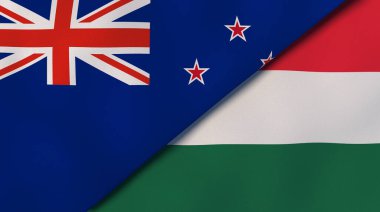 Yeni Zelanda ve Macaristan 'ın iki bayrağı. Kaliteli bir iş geçmişi. 3d illüstrasyon