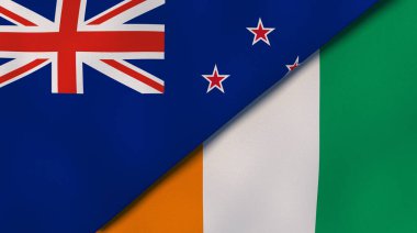 Yeni Zelanda ve Fildişi Sahili 'nde iki eyalet bayrağı. Kaliteli bir iş geçmişi. 3d illüstrasyon