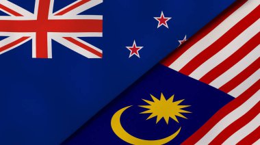 Yeni Zelanda ve Malezya 'nın iki bayrağı. Kaliteli bir iş geçmişi. 3d illüstrasyon
