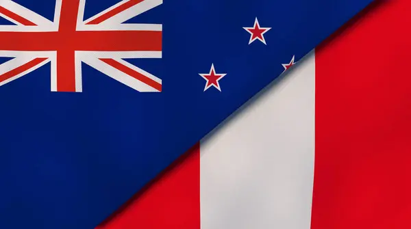 Två Stater Flaggar Nya Zeeland Och Peru Hög Kvalitet Affärsbakgrund — Stockfoto