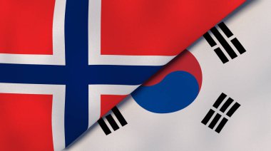 Norveç ve Güney Kore 'nin iki bayrağı. Kaliteli bir iş geçmişi. 3d illüstrasyon