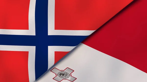 Twee Vlaggen Van Noorwegen Malta Hoge Kwaliteit Zakelijke Achtergrond Illustratie — Stockfoto
