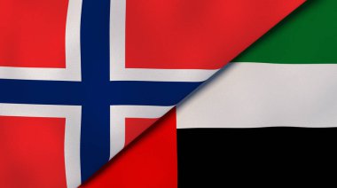 İki Norveç bayrağı ve Birleşik Arap Emirlikleri. Kaliteli bir iş geçmişi. 3d illüstrasyon