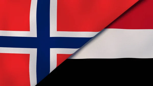 Twee Vlaggen Van Noorwegen Jemen Hoge Kwaliteit Zakelijke Achtergrond Illustratie — Stockfoto