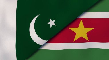 Pakistan ve Surinam 'ın iki bayrağı. Kaliteli bir iş geçmişi. 3d illüstrasyon