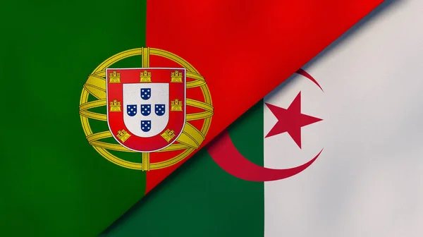 Two states flags of Portugal and Algeria. High quality business background. 3d illustration