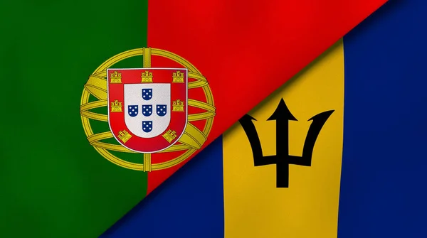 Two states flags of Portugal and Barbados. High quality business background. 3d illustration