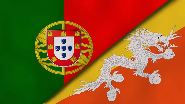 Dois Estados Bandeiras Portugal Butão Fundo Negócios Alta Qualidade Ilustração — Fotografia de Stock