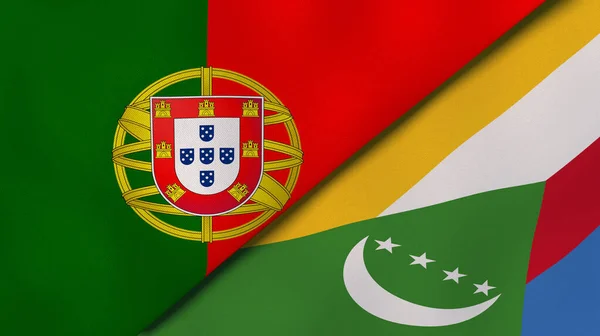 Two states flags of Portugal and Comoros. High quality business background. 3d illustration