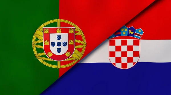 Two states flags of Portugal and Croatia. High quality business background. 3d illustration