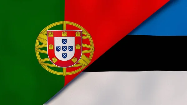 Two states flags of Portugal and Estonia. High quality business background. 3d illustration